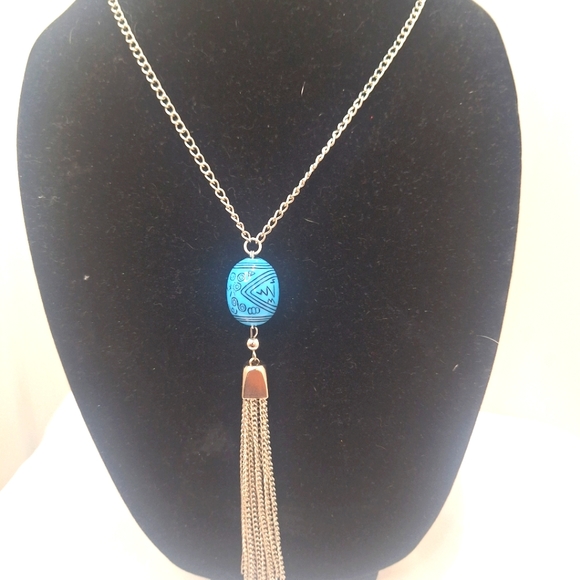 Silvertone Tourquoise Stone Tassel Neckless - Picture 3 of 5